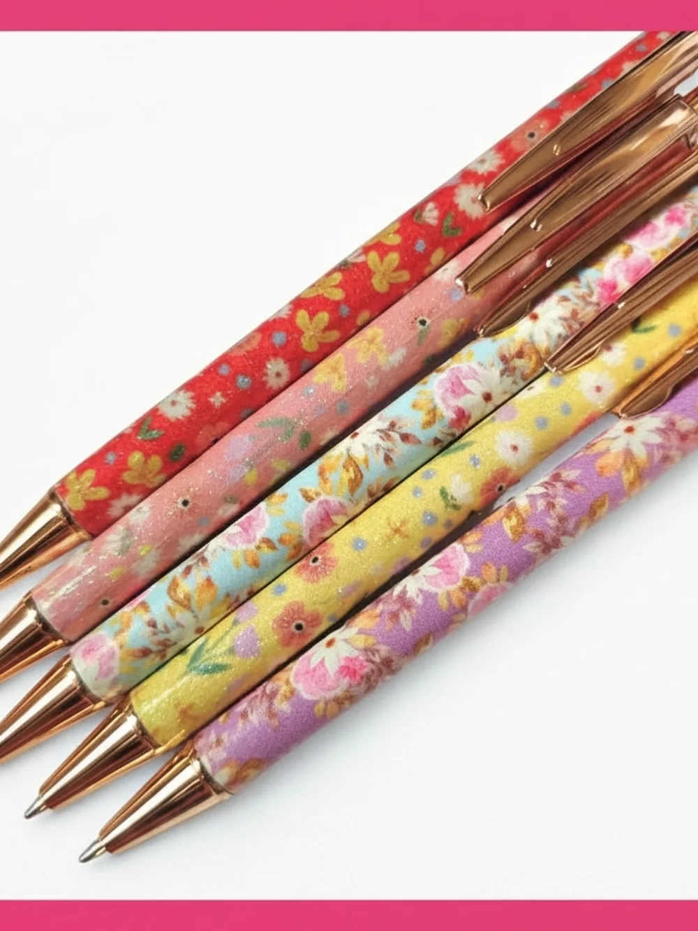 5 Pcs. Floral Ballpoint Push Pens- Multicolor with Rose‎ Gold Accents